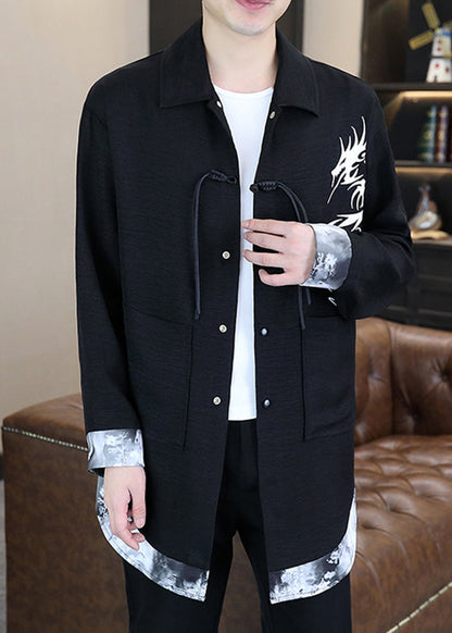 Stylish Black V Neck Print Patchwork Upf 50+ Coat Long Sleeve