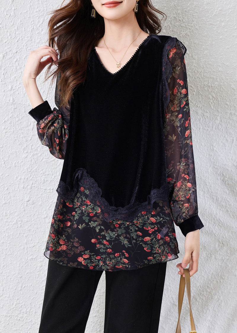 Stylish Black V Neck Print Silk Velour Patchwork Chiffon Top Fall
