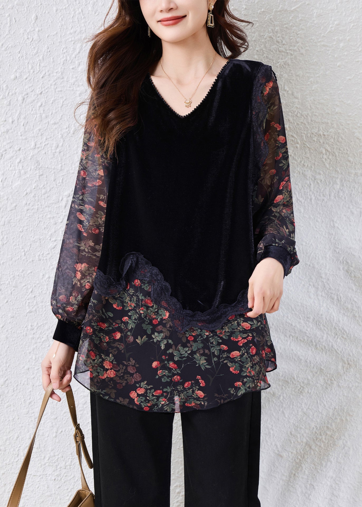 Stylish Black V Neck Print Silk Velour Patchwork Chiffon Top Fall