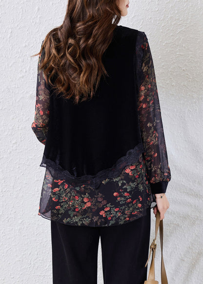 Stylish Black V Neck Print Silk Velour Patchwork Chiffon Top Fall