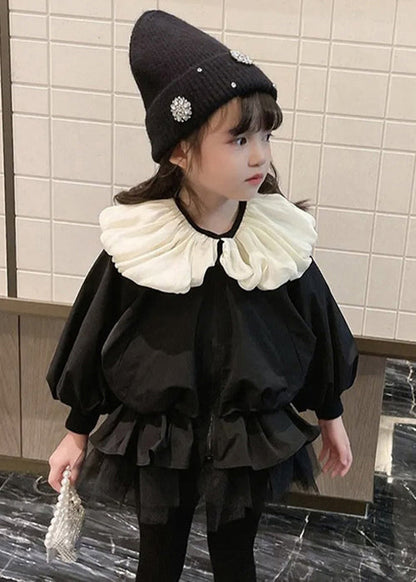 Stylish Black Wrinkled Tulle Patchwork Cotton Coats Puff Sleeve