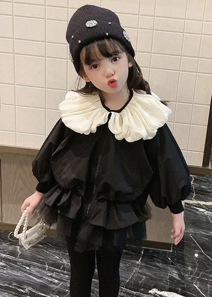 Stylish Black Wrinkled Tulle Patchwork Cotton Coats Puff Sleeve