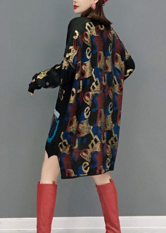 Stylish Black Low High Design Side Open V Neck Print Knit Dresses Spring