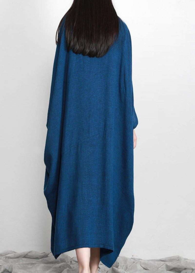 Stylish Blue Batwing Sleeve O Neck Linen Dresses