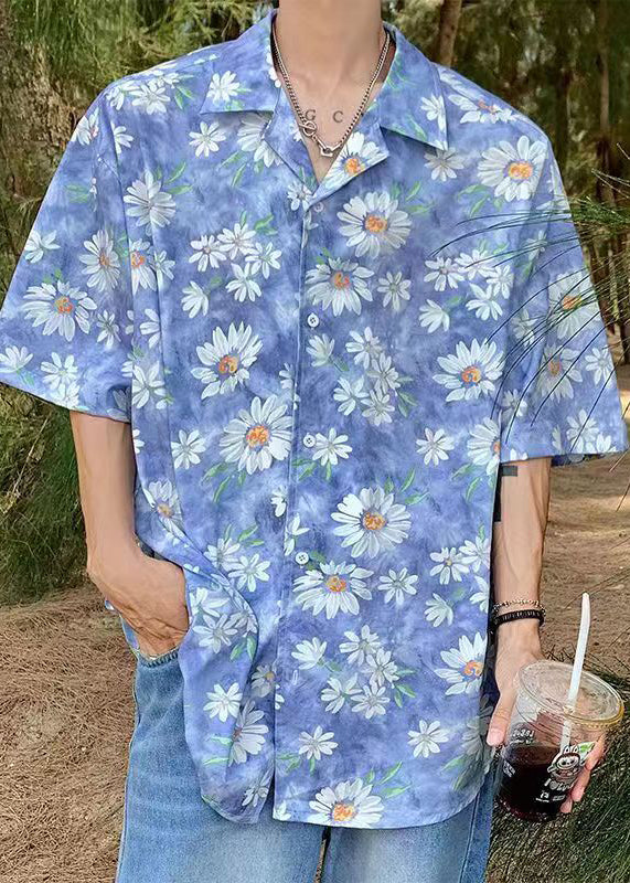 Stylish Blue Dotted Daisy Print Hawaiian Shirts Summer