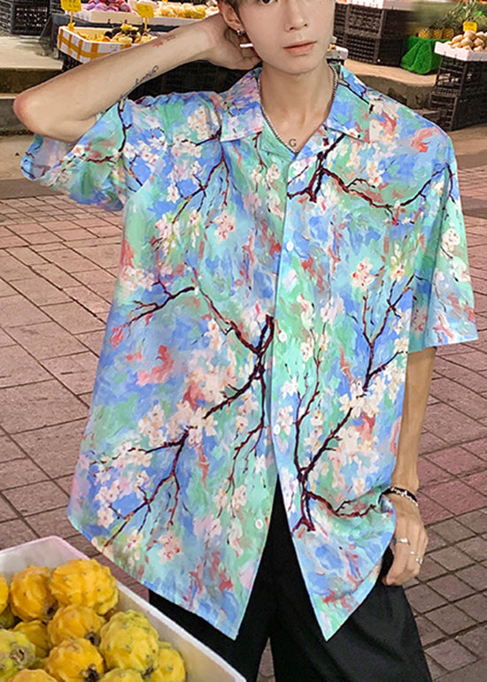 Stylish Blue Dotted Daisy Print Hawaiian Shirts Summer