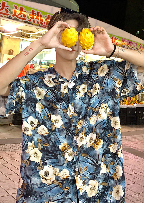 Stylish Blue Dotted Daisy Print Hawaiian Shirts Summer