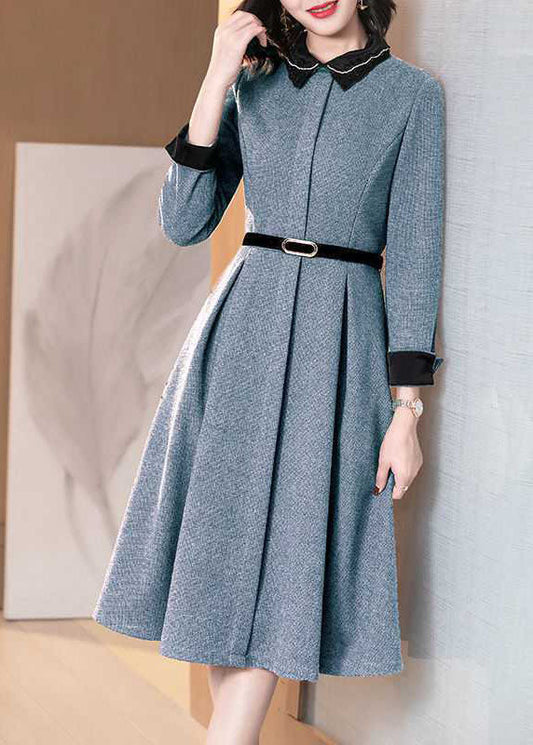 Stylish Blue Embroideried Nail Bead Zippered Tie Waist Winter Long Sleeve Dresses