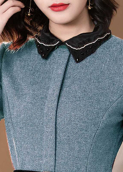Stylish Blue Embroideried Nail Bead Zippered Tie Waist Winter Long Sleeve Dresses
