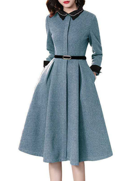 Stylish Blue Embroideried Nail Bead Zippered Tie Waist Winter Long Sleeve Dresses