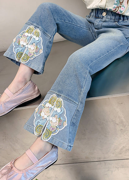 Stylish Blue Embroideried Patchwork Pockets Denim Pants