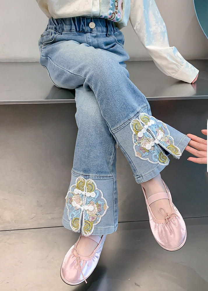 Stylish Blue Embroideried Patchwork Pockets Denim Pants