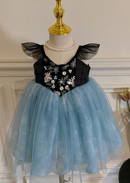 Stylish Blue Embroideried Wrinkled Patchwork Tulle Kids Dress Sleeveless