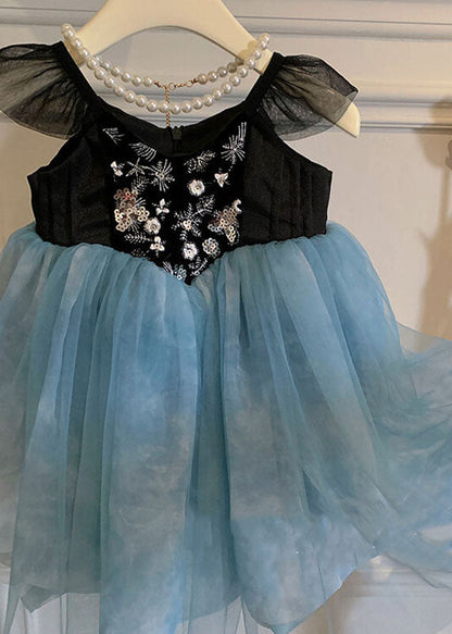 Stylish Blue Embroideried Wrinkled Patchwork Tulle Kids Dress Sleeveless