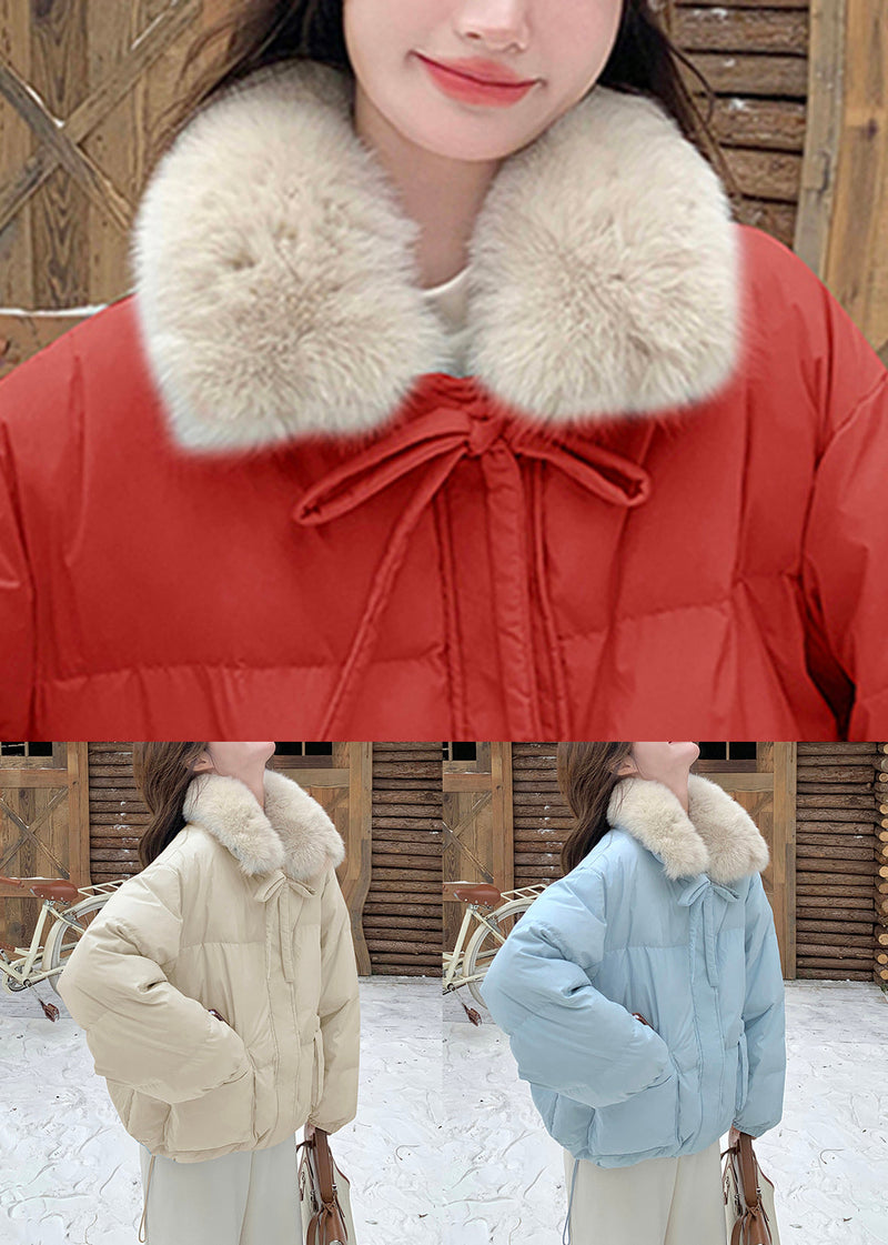 Stylish Blue Fur Collar Pockets Patchwork Duck Down Puffer Coat Winter