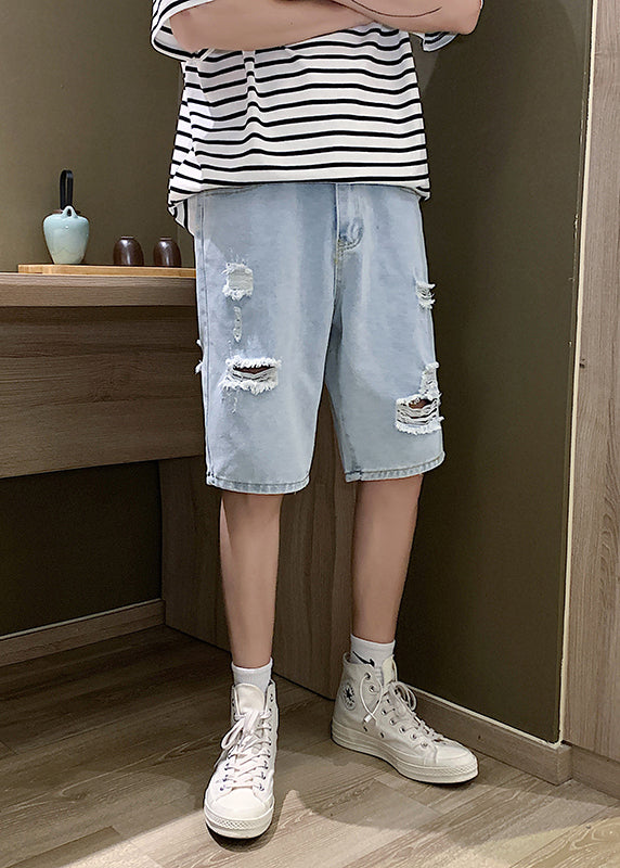 Stylish Blue Hole High Waist Denim Shorts Summer