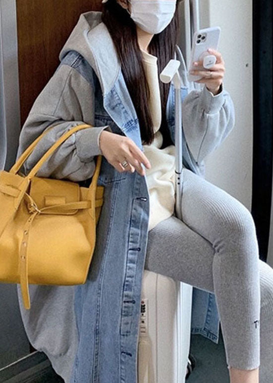 Stylish Blue Hooded Denim Patchwork Cotton Long Coat Spring