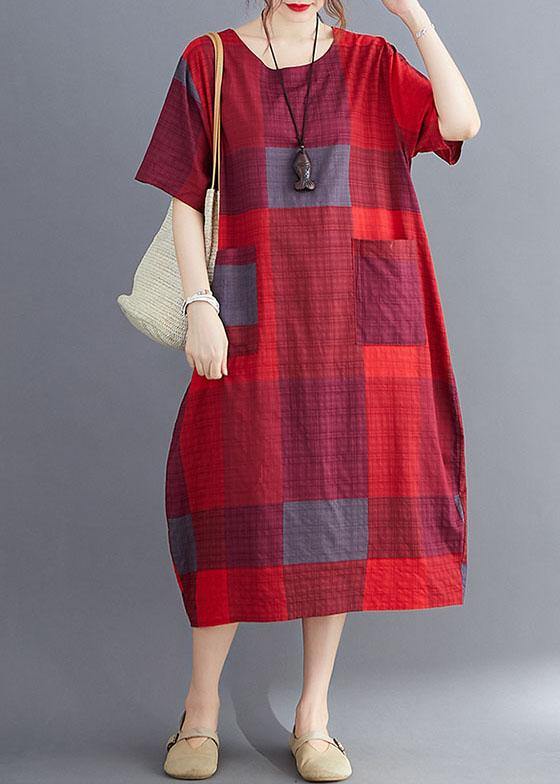 Stylish Orange Flower O Neck Plaid Maxi Dresses Cotton Linen Summer