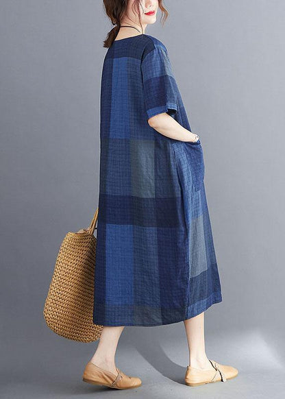 Stylish White Flowers O Neck Plaid Maxi Dresses Cotton Linen Summer