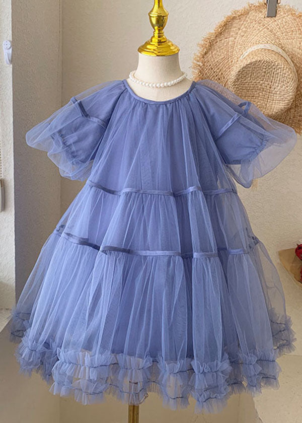 Stylish Blue O-neck Ruffled Patchwork Tulle Kids Dresses Summer