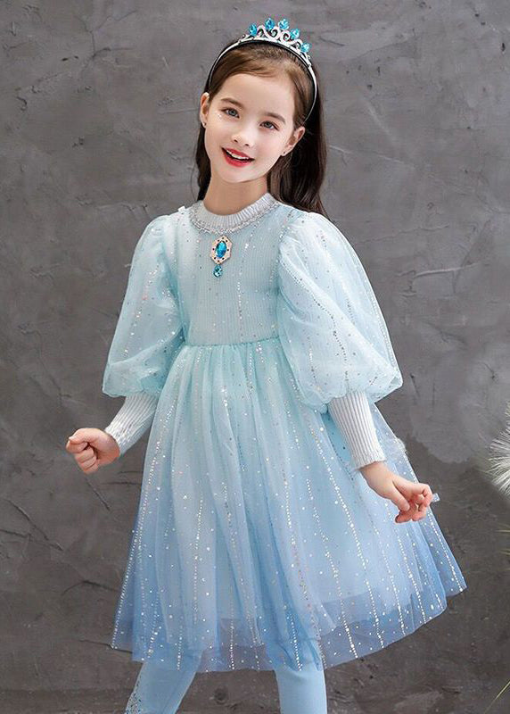 Stylish Blue O Neck Sequins Patchwork Tulle Baby Princess Dress Fall