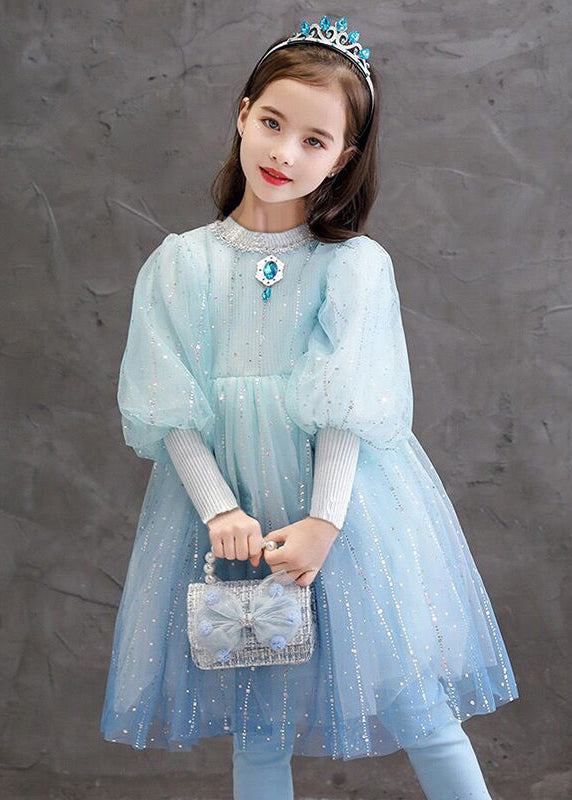 Stylish Blue O Neck Sequins Patchwork Tulle Baby Princess Dress Fall