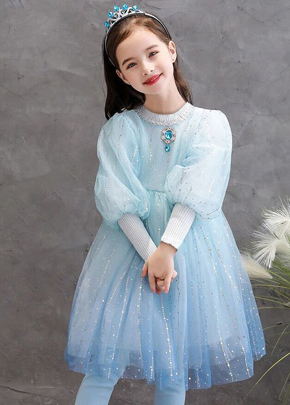 Stylish Blue O Neck Sequins Patchwork Tulle Baby Princess Dress Fall
