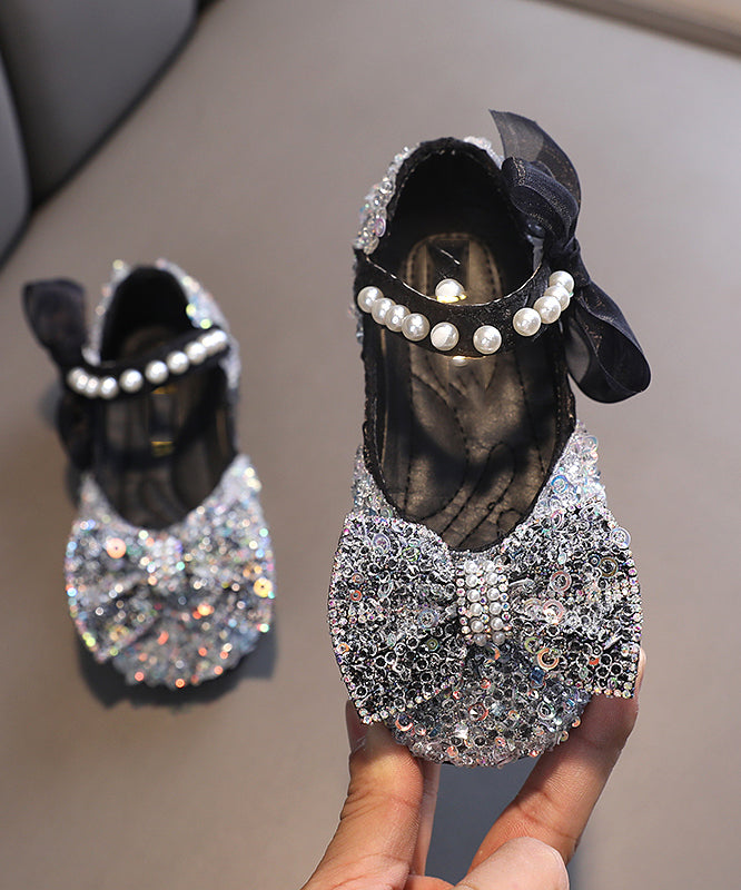 Stylish Blue Pearl Bow Buckle Strap Flat Shoes for Kids