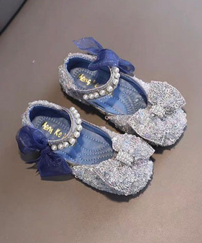 Stylish Blue Pearl Bow Buckle Strap Flat Shoes for Kids