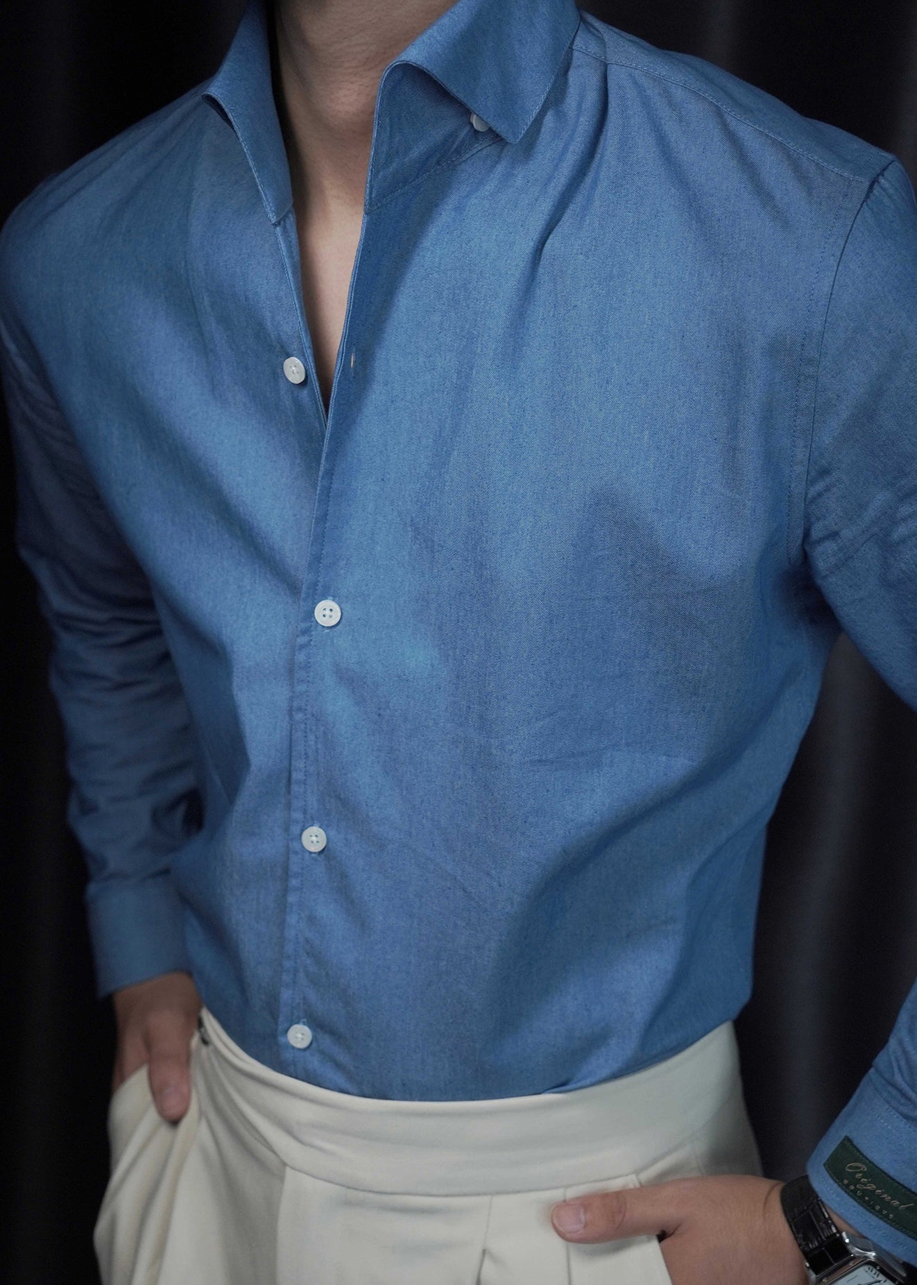 Stylish Blue Peter Pan Collar Button Denim Men Shirts Fall