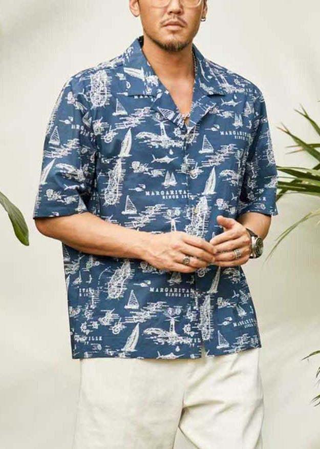 Stylish Blue Peter Pan Collar Print Button Cotton Shirt Summer