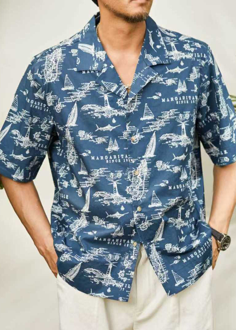 Stylish Blue Peter Pan Collar Print Button Cotton Shirt Summer