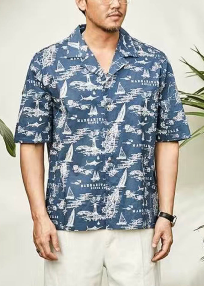 Stylish Blue Peter Pan Collar Print Button Cotton Shirt Summer