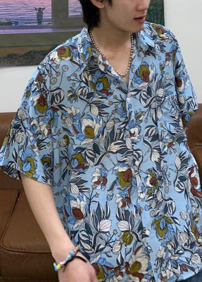 Stylish Blue Peter Pan Collar Print Cotton Shirt Summer