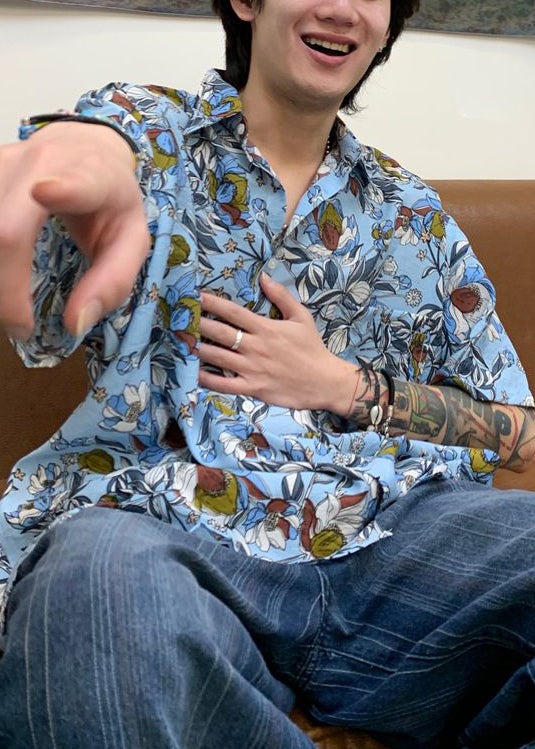 Stylish Blue Peter Pan Collar Print Cotton Shirt Summer