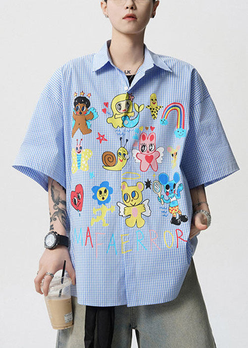 Stylish Blue Peter Pan Collar Print Cotton Shirts Summer