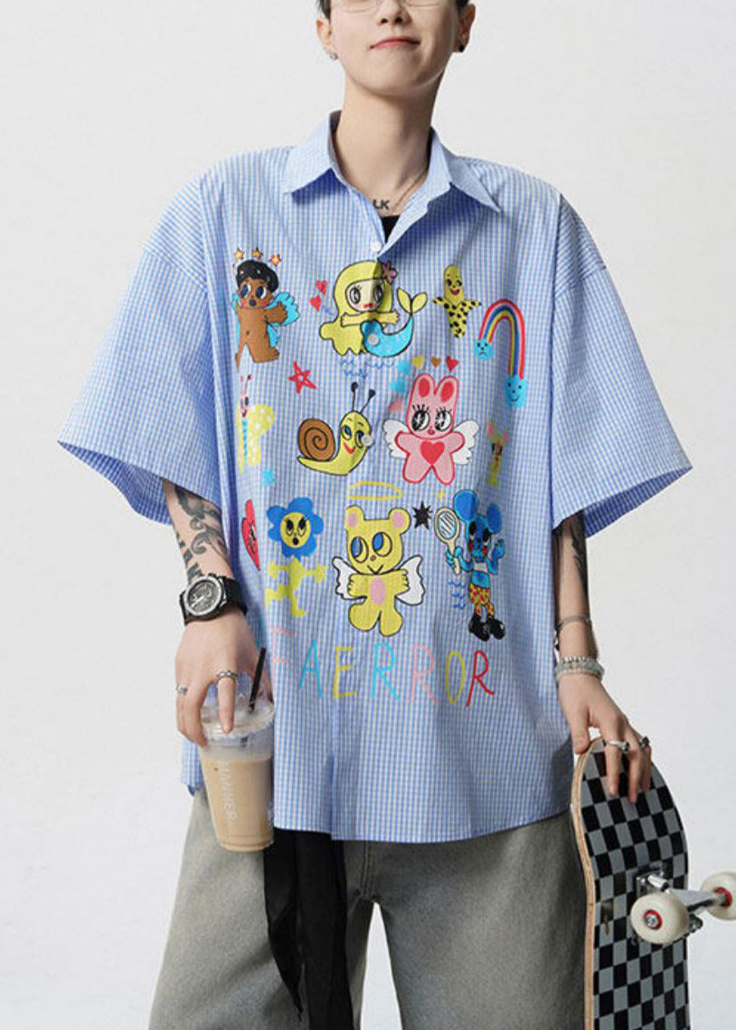 Stylish Blue Peter Pan Collar Print Cotton Shirts Summer