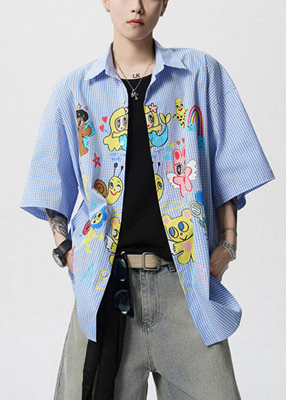 Stylish Blue Peter Pan Collar Print Cotton Shirts Summer