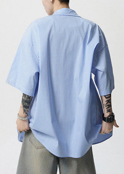 Stylish Blue Peter Pan Collar Print Cotton Shirts Summer