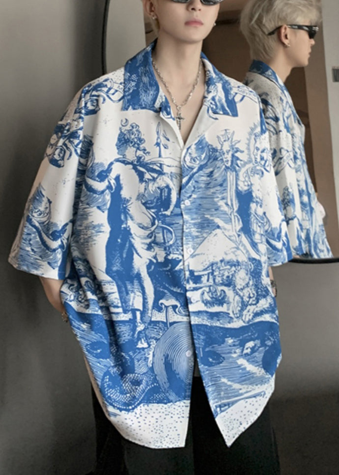 Stylish Blue Peter Pan Collar Print Ice Silk Shirts Half Sleeve