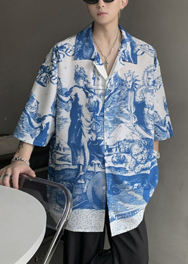 Stylish Blue Peter Pan Collar Print Ice Silk Shirts Half Sleeve