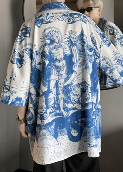 Stylish Blue Peter Pan Collar Print Ice Silk Shirts Half Sleeve