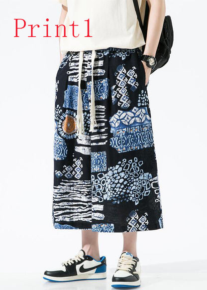 Stylish Blue Pockets Print Cotton Crop Pants Apparel Summer