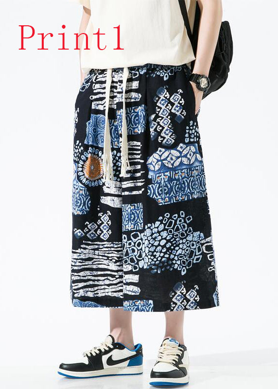 Stylish Blue Pockets Print Cotton Crop Pants Apparel Summer