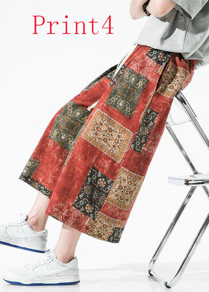 Stylish Blue Pockets Print Cotton Crop Pants Apparel Summer