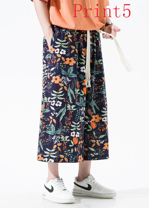 Stylish Blue Pockets Print Cotton Crop Pants Apparel Summer