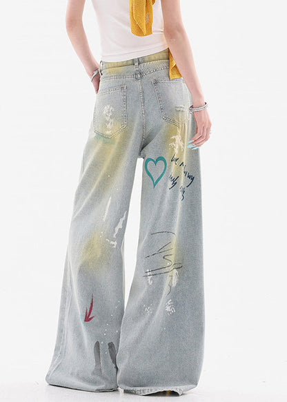 Stylish Blue Print Hole High Waist Denim Wide Leg Pants Fall