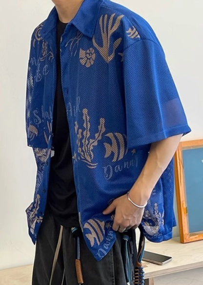 Stylish Blue Print Hollow Out Tulle Shirts Half Sleeve