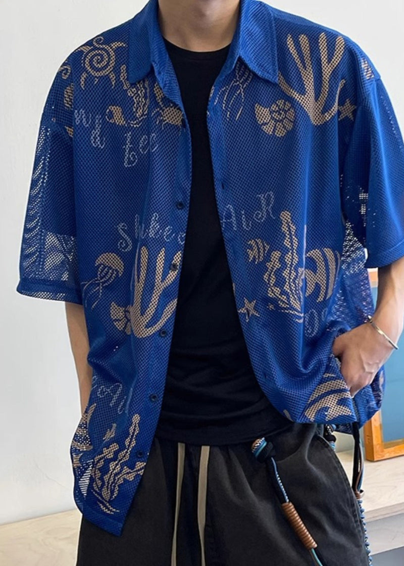Stylish Blue Print Hollow Out Tulle Shirts Half Sleeve