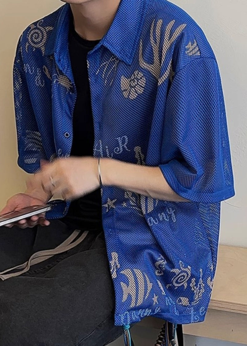 Stylish Blue Print Hollow Out Tulle Shirts Half Sleeve